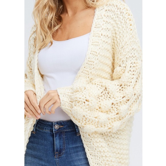 🆕Cream Bubble Sleeve Open Front Pom Pom Cardigan - Picture 6 of 8